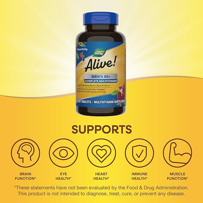 Nature’s Way Alive! Men’s 50+ Complete Multivitamin, Supports Multiple Body Systems*, Supports Cellular Energy*, High Potency B-Vitamins, Gluten-Free, 130 Tablets