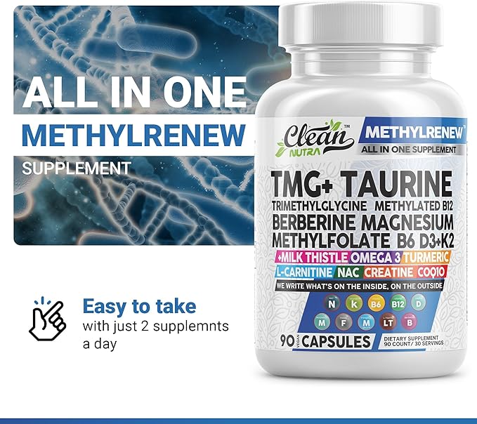 Clean Nutraceuticals TMG Taurine Supplement - Methylated Multivitamin with B6 Vitamins, B12, D3 K2, Magnesium Methylfolate Milk Thistle Omega 3 Turmeric NAC L Carnitine Creatine COQ10 & More, 90 Ct