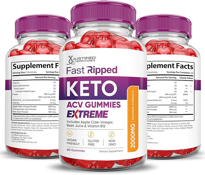 (2 Pack) Fast Ripped Keto ACV Gummies Extreme 2000MG Fast Ripped Keto Gummies Apple Cider Vinegar Formulated with Pomegranate Beet Juice Powder B12 Vegan Non GMO 120 Gummys