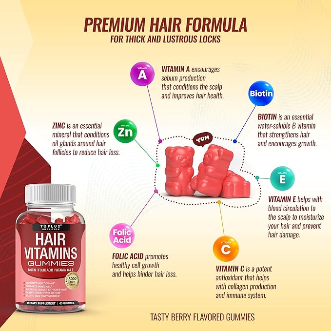 Hair Vitamins Gummies Supplement – Faster Hair Growth Gummy 5000mcg Biotin, Folic Acid, Vitamin C & E, Support Stronger & Thicker Hair, Skin, Nails, Non-GMO, for Men Women, 60 Berry Flavored Gummies