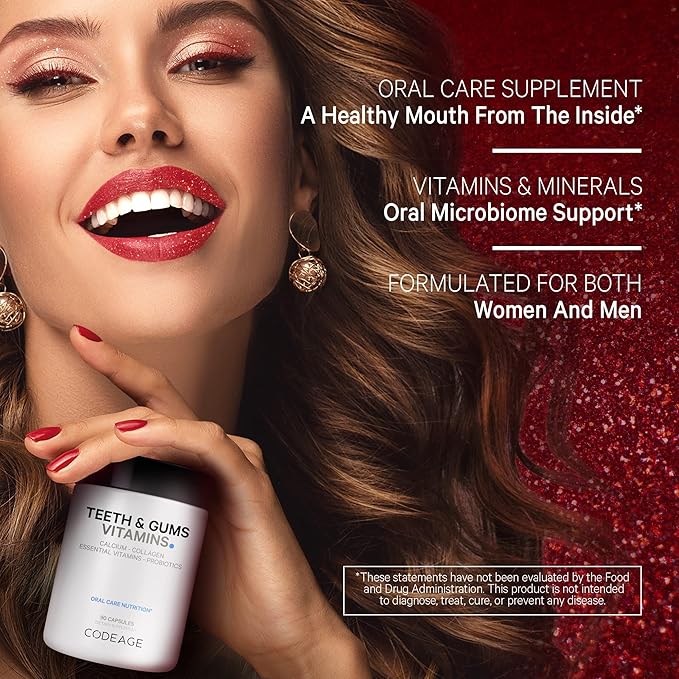 Codeage Teeth & Gums Vitamins + Oral Probiotics Supplement for Mouth - Whole Food Calcium, Collagen, Potassium, Vitamin C, D3, K2, Zinc – Oral Care & Dental Multivitamin Supplements - 2 Pack