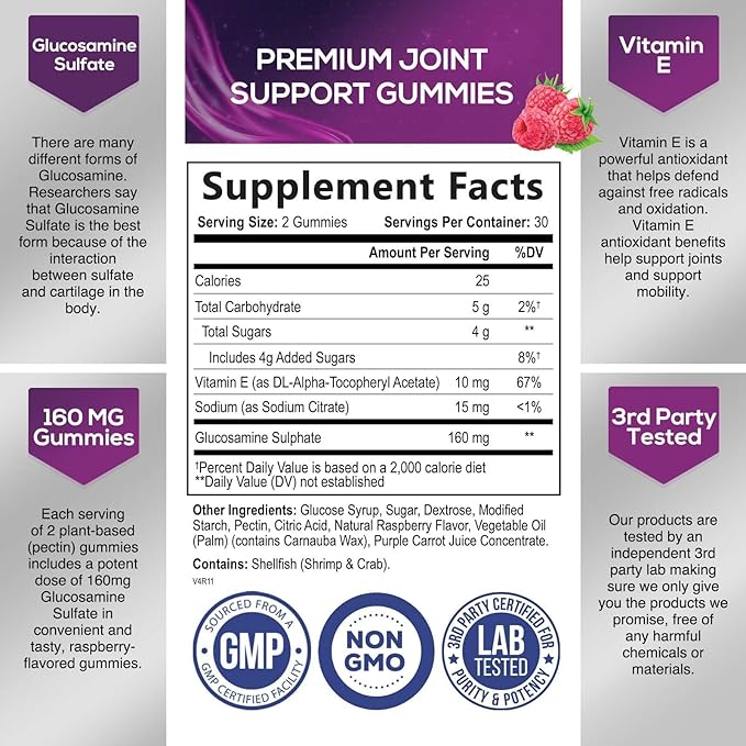 Joint Support Gummies Glucosamine Plus Vitamin E - Nature's Joint Support Supplement for Occasional Discomfort for Back, Knees & Hands - Cartilage & Joint Health & Flexibility Support - 60 Gummies