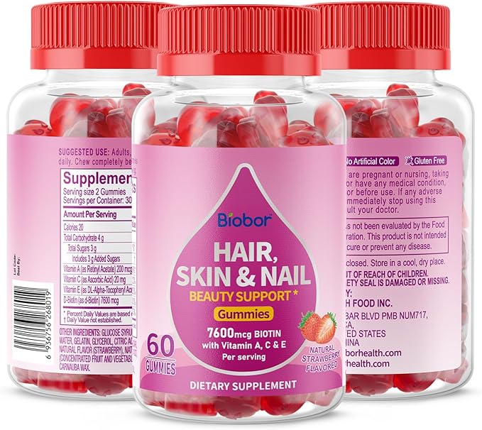 Vitamins Biotin 7600mcg Gummies, Natural Healthy Hair, Skin & Nails for Women, Hair Growth Vitamins,GMO-Free, Gluten Free (Strawberry, 60 Count)