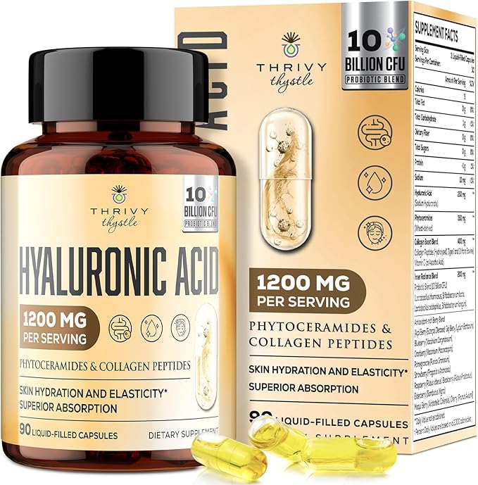 19-IN-1 Hyaluronic Acid Capsules - Hylunaric Acid 1200 mg, with Collagen Peptides, Vitamin C, Phytoceramides - Hyaluronic Acid Supplement for Skin, Eyes, Bones, Gastrointestinal (1 Pack)