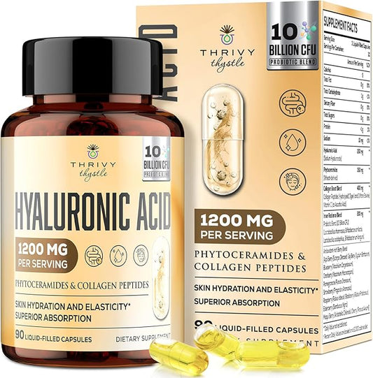 19-IN-1 Hyaluronic Acid Capsules - Hylunaric Acid 1200 mg, with Collagen Peptides, Vitamin C, Phytoceramides - Hyaluronic Acid Supplement for Skin, Eyes, Bones, Gastrointestinal (1 Pack)