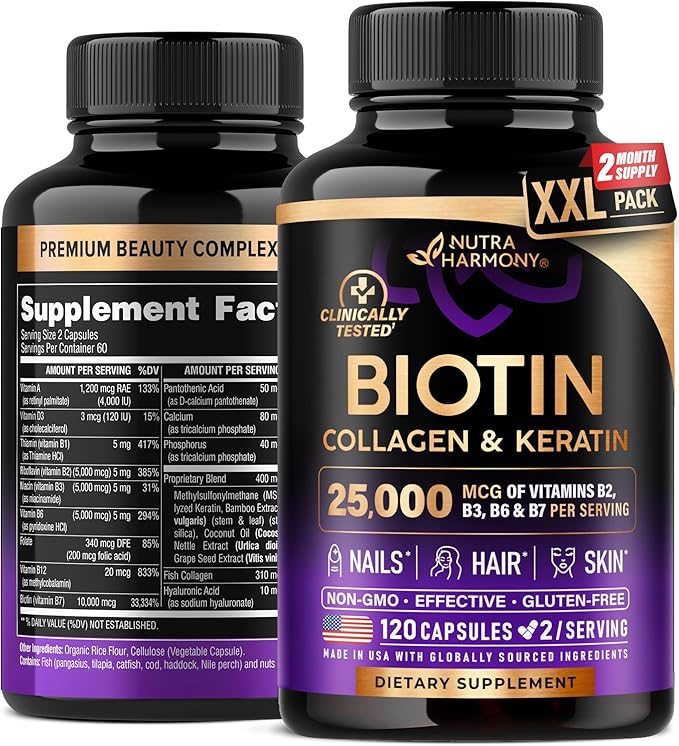 Biotin | Collagen | Keratin - Clinically Tested for Skin, Hair & Nail Support - 25,000 mcg per serving Vitamin B2, B3, B6 & B7 - Made in USA - Dietary Supplement | 120 Capsules, 2 Capsules / Serving