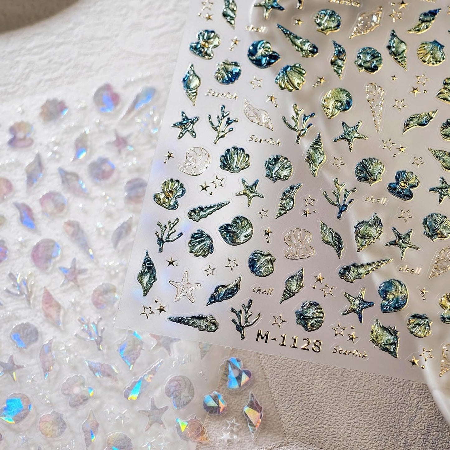 Laser Ocean Nail Stickers Gold Conch Nail Designs Self-Adhesive Silver Shell Nail Decals 5D Embossed Aurora Starfish Summer Sticker Manicure Accessories for Women Girls DIY Acrylic Nails 2 Sheets