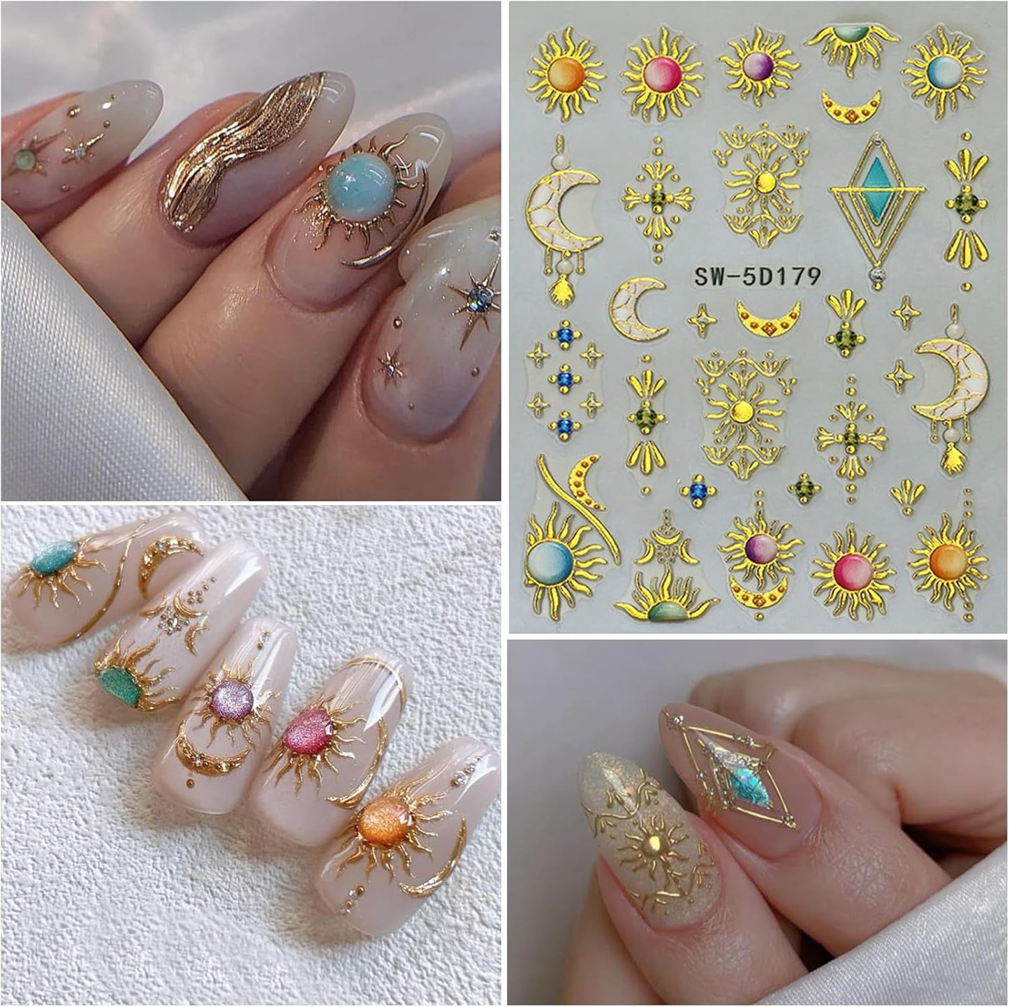 Egyptian Style Nail Art Stickers Decals Gold Sun Moon Nail Decals 5D Self Adhesive for Women Nails Design Decoraion 3D Crown Mails Stickers Supplies