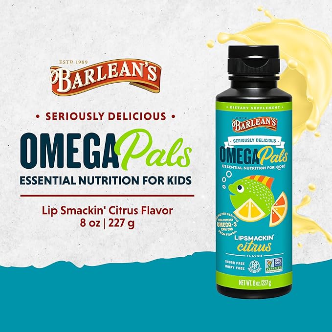 Barlean's Omega Pals Lipsmackin' Citrus Flavored Omega-3 for Kids, Yummy Children's Liquid Fish Oil Supplement with 750 mg of EPA & DHA for Brain & Eye Health, 8 oz