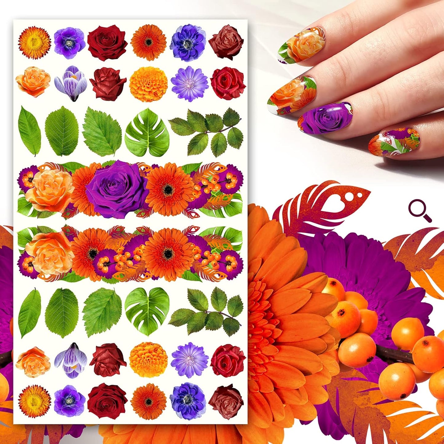 Nail Stickers Decals (5 Sheets) FLONZNAIL Beautiful Coloful Variety of Flowers and Leaves Nail Decor Transfer Vintage Styled Stickers