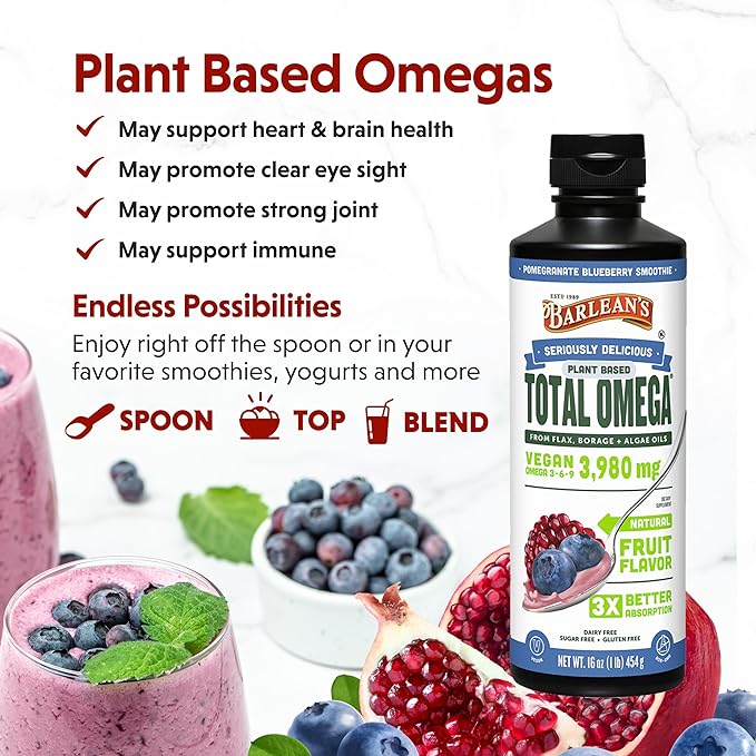 Barlean's Liquid Flaxseed, Borage & Algae Oils Omega 3 Supplement, Pomegranate Blueberry Flavor, Vegan EPA & DHA from Algal Oil, Flax Oil and Borage Seed Oil with 3,980 mg of Omega-3-6-9, 16 oz