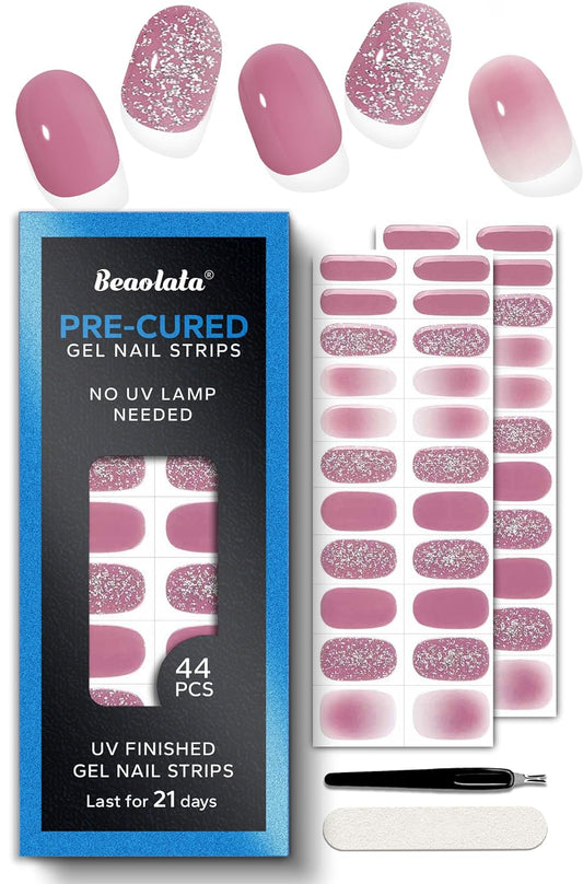 Pre Cured Gel Nail Strips - 44PCS Salon Quality Gel Nail Stickers - Long Lasting Polish Wraps for Women no UV Light Needed Easy Apply& Remove (Muted Pink)