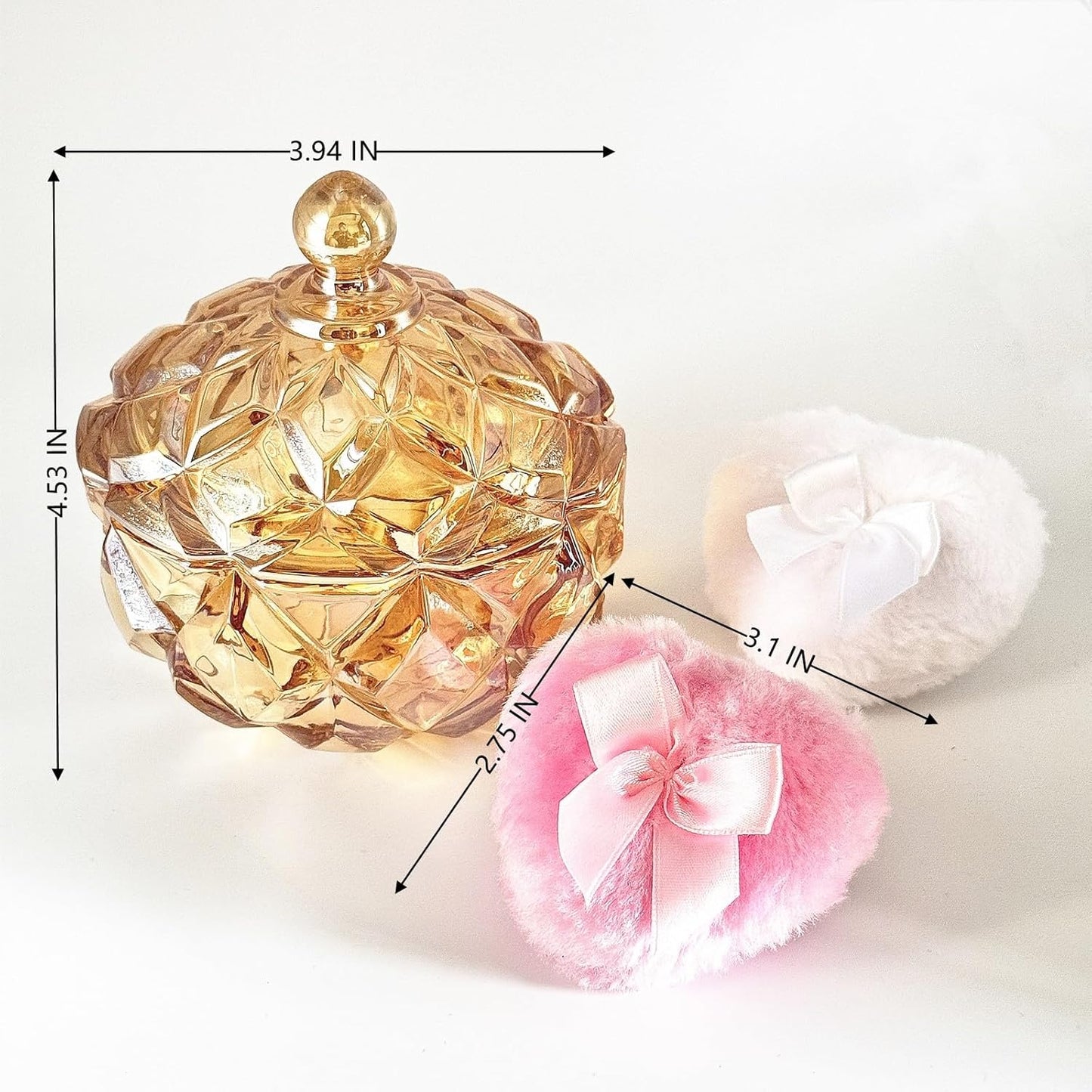 Body Powder Puff and Container - Glass Dusting Powder Container with 2 Soft Puffs Vintage Powder Puff Case for Women & Girls (3.94x3.94x4.53 H in) - GRB012-Amber