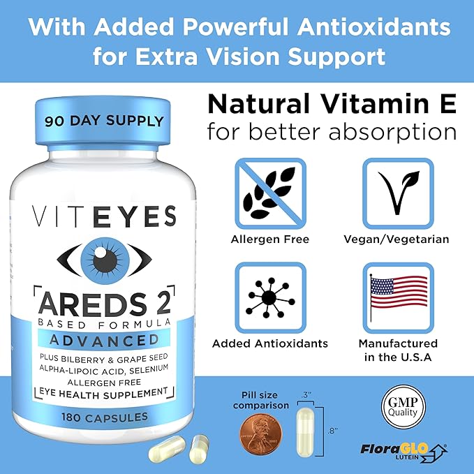 Viteyes AREDS 2 Advanced Eye Vitamins, Macular Support with Bilberry, grapeseed, FLORAGLO Lutein, Selenium, Natural Vitamin E, Allergen Free, Vision Protection, Eye Doctor Trusted, 180 Count