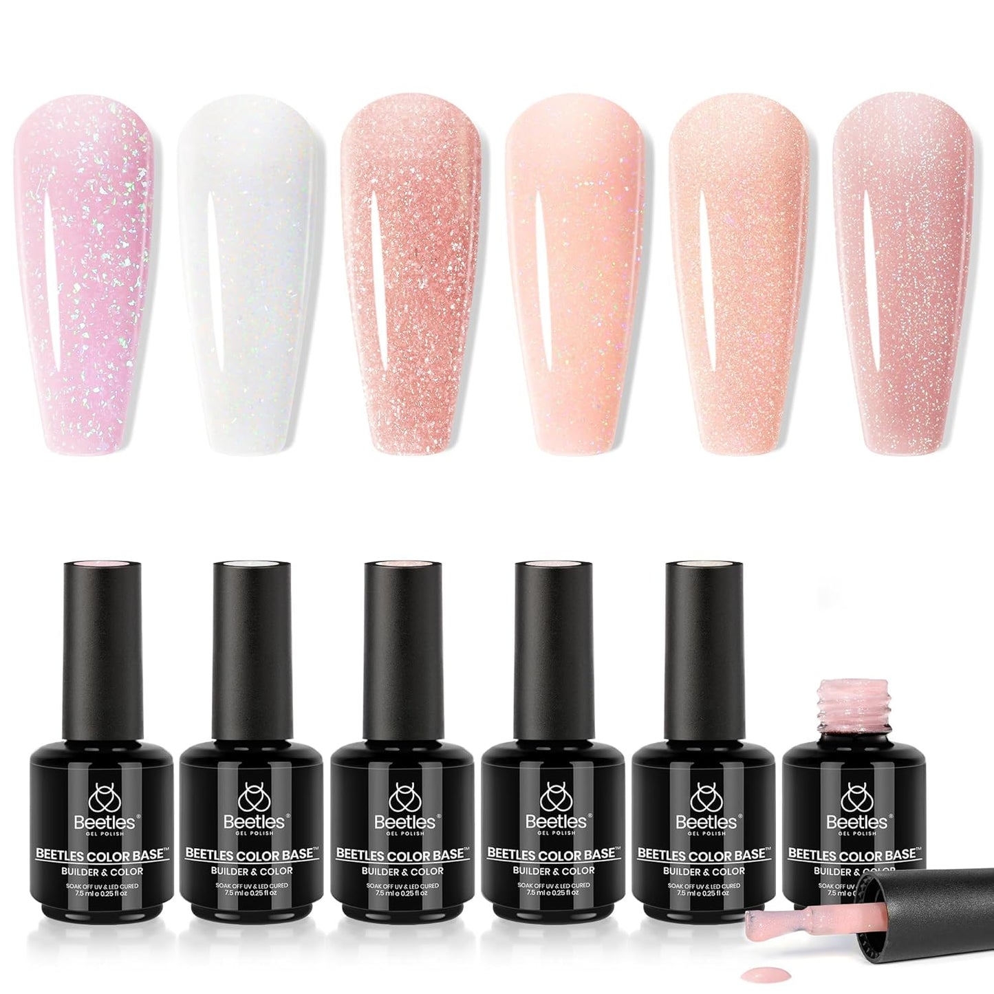 Beetles Rubber Base Color Gel Nail Polish Set 6 Colors Glitter Nude Pink Color Base 5 in 1 White Gel Polish Strengthener for Thin Nails Soak Off U V Nail Art DIY Gift for Women