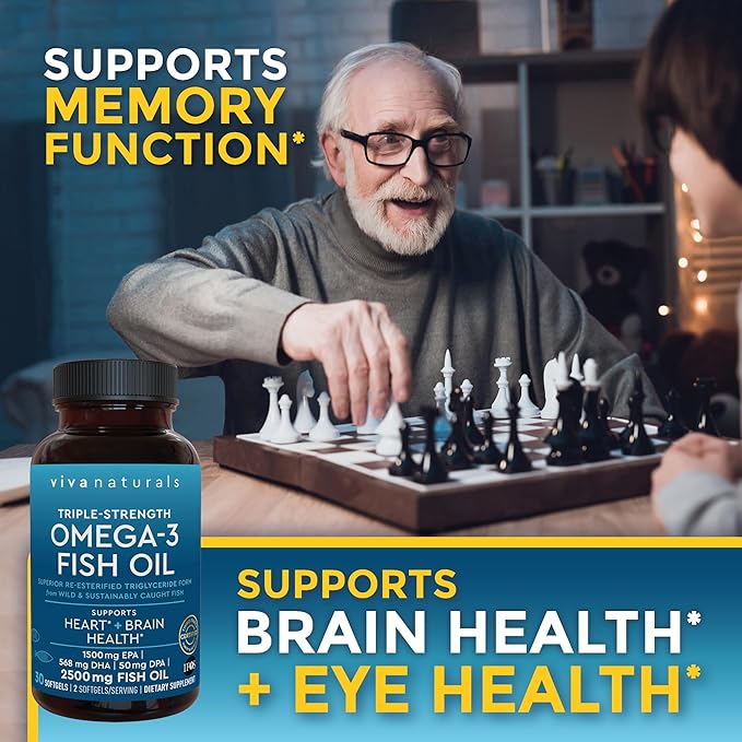 Viva Naturals Triple Strength Omega 3 Fish Oil Supplement - 2500 mg Fish Oil with Re-Esterified Omega 3 Fatty Acids Including EPA, DHA DPA - 30 Pescatarian-Friendly Softgels