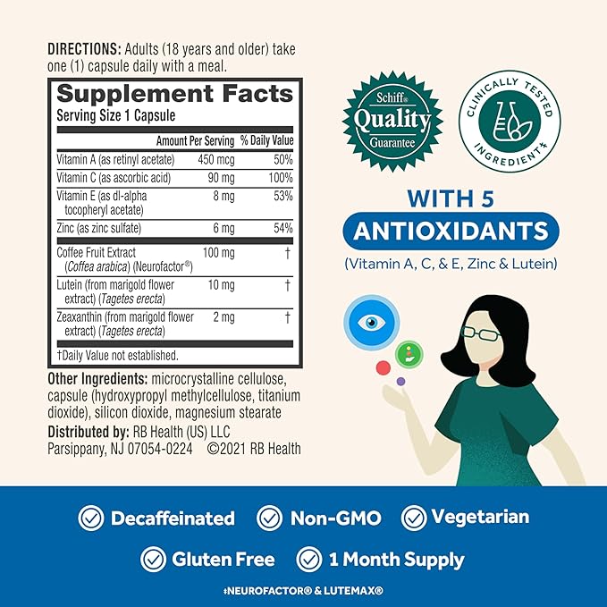 NEURIVA Brain + Eye Supplement for Memory, Focus & Concentration with Lutein & Vitamins A C E and Zinc for Eye Health & Zeaxanthin to Filter Blue Light, 30ct Capsules