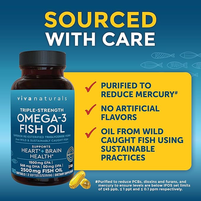 Omega 3 Fish Oil Supplement - 2500 mg Triple Strength Fish Oil Pills with Re-Esterified Omega 3 Fatty Acids Including EPA, DHA DPA - 180 Pescatarian-Friendly Softgels