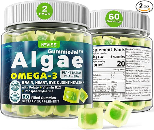 Vegan Omega 3 Gummies 1000mg w/MethylFolate, Vitamin B12, Plant Based DHA 460mg & EPA 230mg for Brain, Joint, Eye & Immunity, Sugar Free Fish Oil Omega 3 Supplements Alternative for Adults, 120 Cts