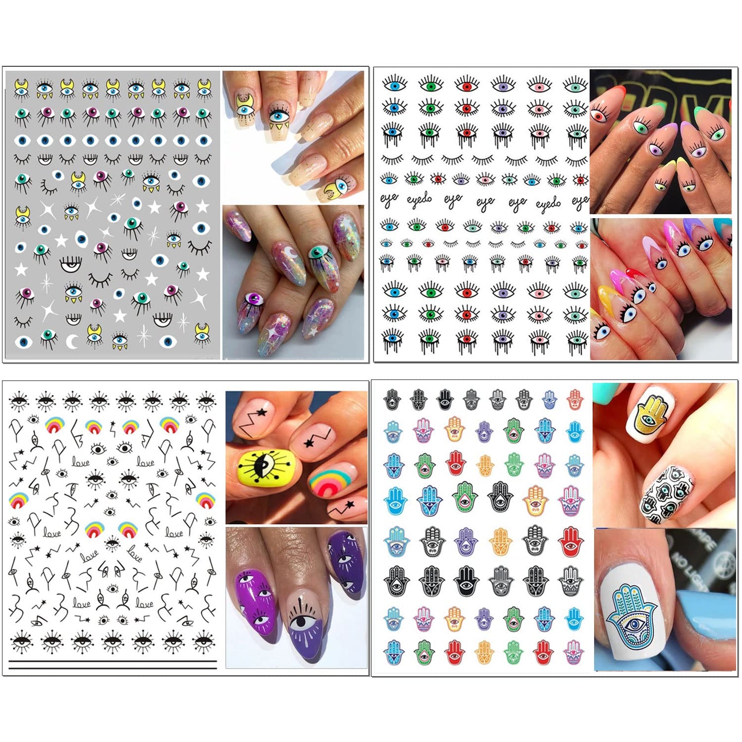 14 Sheets Evil Eye Nail Stickers, 3D Turkish Blue Eye Design Nail Art Decals, Self Adhesive Hamsa Hand of Fatima Manicure Decorations