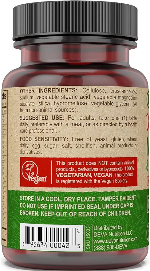 DEVA Tiny Tablets Vegan Multivitamins for Women & Men, Multivitamin Iron Free, Mineral Supplement, Vitamin C, Vitamin B Complex, Vitamin B12, Vitamin E, Zinc, Gluten Free, 90 Tablets