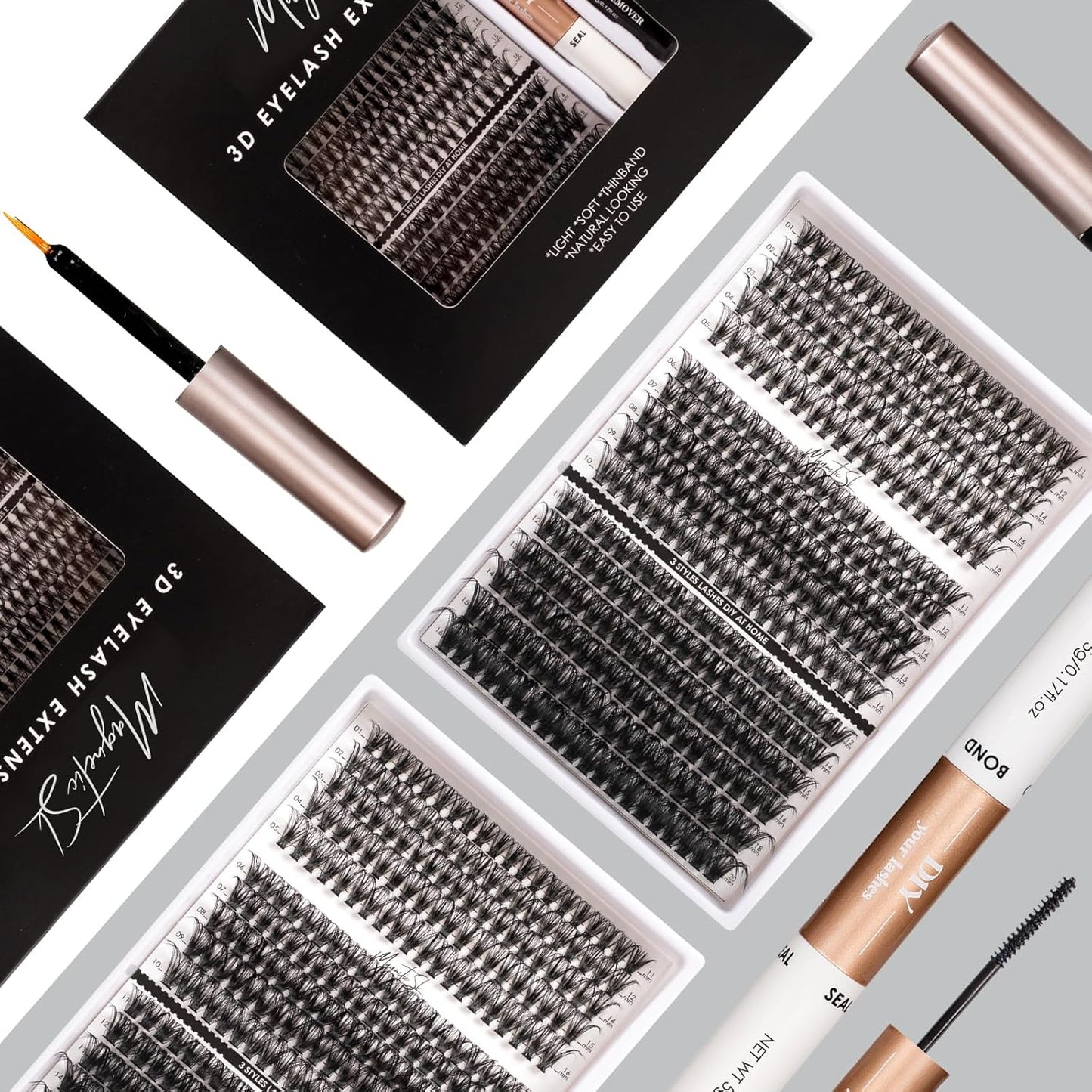 DIY Lash Extensions Kit 320pcs Individual Lashes Clusters 40D 50D 100D D Curl Eyelash Extension Kit with Applicator and Lash Bond&Seal, Lash Remover For False Eyelash Mix 11-20mm (40D+50D+100D KIT)