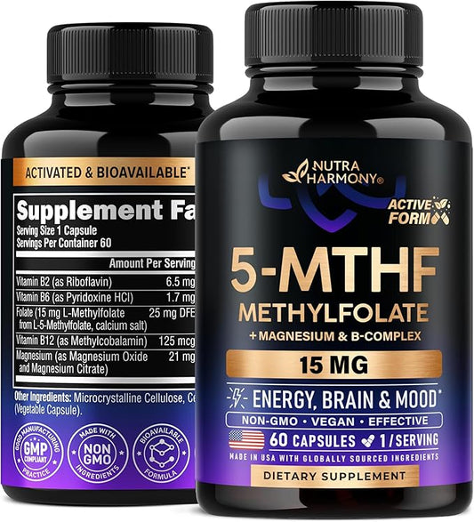 L Methylfolate 15 mg - 5-MTHF Methylfolate Supplement - plus Methyl B12, Vitamins B2 & B6, Magnesium - BioActive Vitamin B9 - Methylation Support, Energy & Brain - Made in USA, 60 Capsules for 2 Month