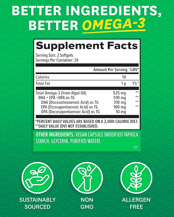 Zenwise Health Vegan Omega 3 Supplement - Fish Oil Alternative Source for EPA & DHA Fatty Acids - for Joint Support & Immune System - Heart & Skin Health Booster (48 Count)