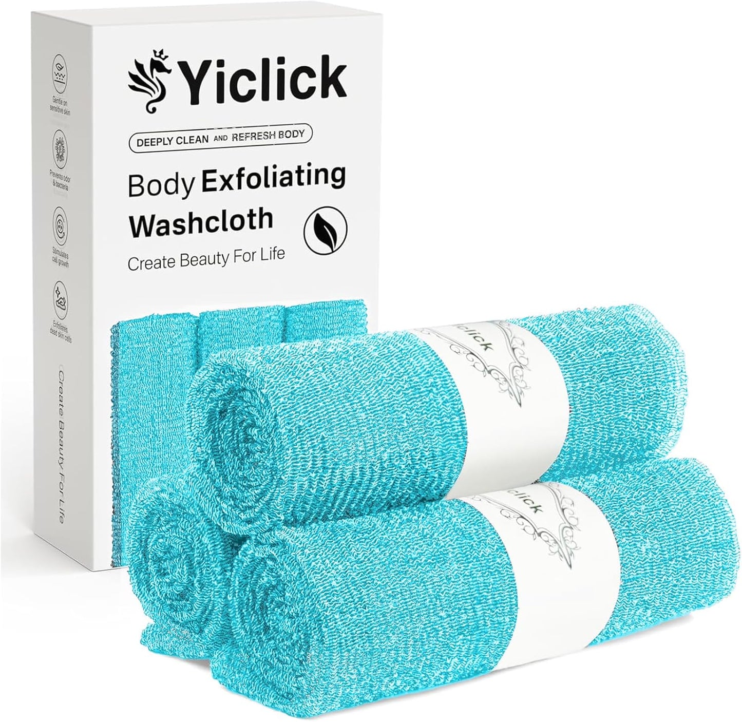 Yiclick Exfoliating Washcloth Towel [3 Pack], Japanese Exfoliating Bath Wash Cloth for Body Exfoliation, Korean Back Scrubber Washer for Shower, African Net Sponge Brush Loofah Exfoliator (Blue)