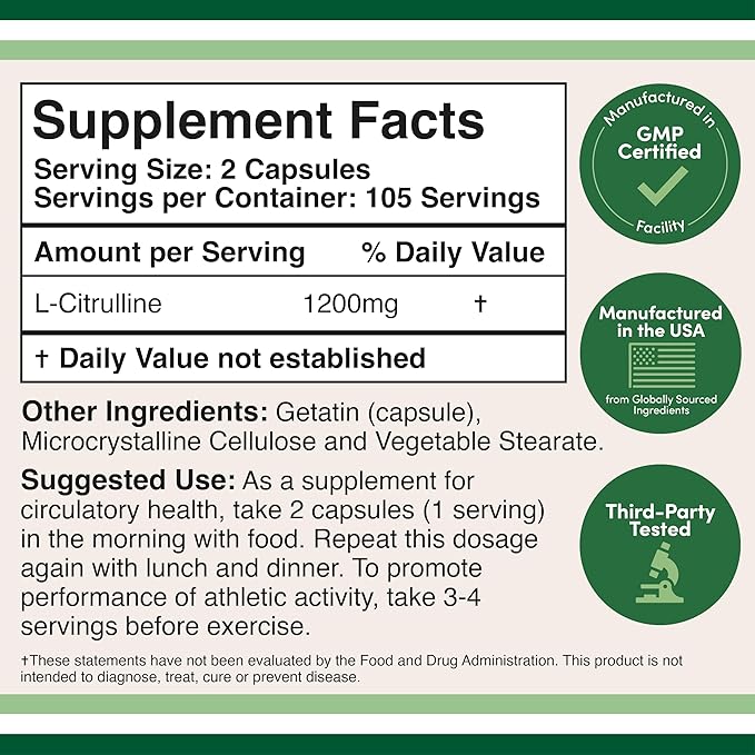 L Citrulline Capsules 1,200mg Per Serving, 210 Count (L-Citrulline Increases Levels of L-Arginine, Acts as a Nitric Oxide Booster) Muscle Recovery Supplement to Improve Muscle Pump by Double Wood