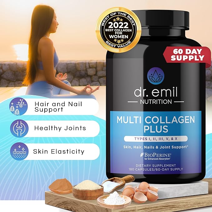 DR. EMIL NUTRITION Multi Collagen Pills - 180 Capsules - Collagen Supplements to Support Hair, Skin, Nails, & Joints - Hydrolyzed Collagen Supplements for Women with Types I, II, III, V & X