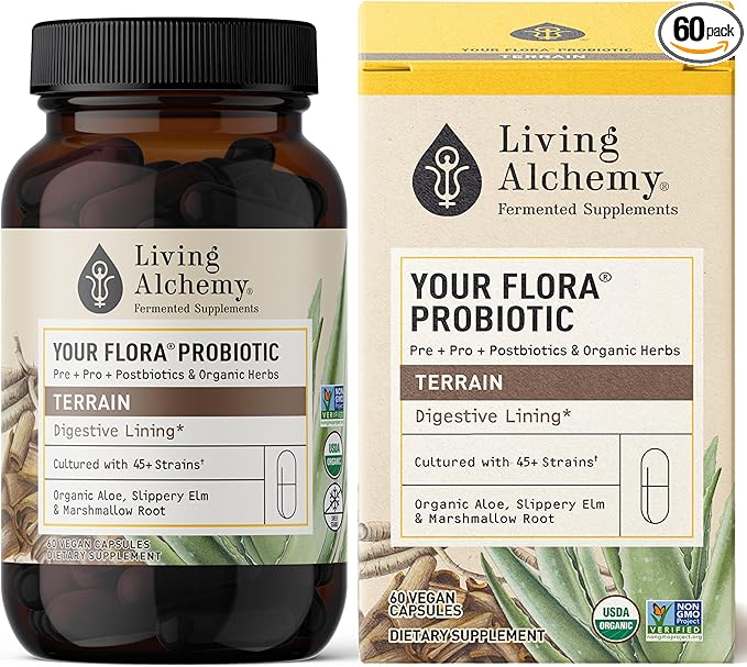 Gut Health Supplements - Your Flora Probiotic Terrain with Fermented Soybean, Aloe Vera, Prebiotics, Digestive Enzyme, Probiotic for Women & Men- Vegan, Non-GMO - Living Alchemy, 60 Pcs