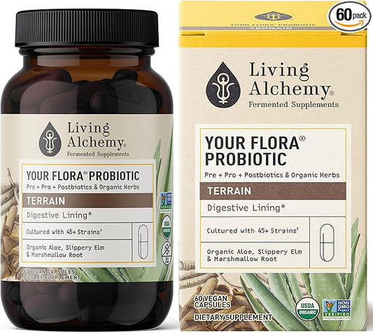 Gut Health Supplements - Your Flora Probiotic Terrain with Fermented Soybean, Aloe Vera, Prebiotics, Digestive Enzyme, Probiotic for Women & Men- Vegan, Non-GMO - Living Alchemy, 60 Pcs