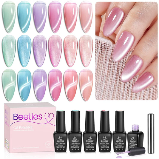 Beetles Cat Eye Gel Nail Polish Set, 6 Summer Colors Pastel Shimmer Glitter Gel Polish Kit Soak Off LED UV Curing Requires Pink Red Blue Orange Green Purple Velvet Gel with Magnet Gift for Women