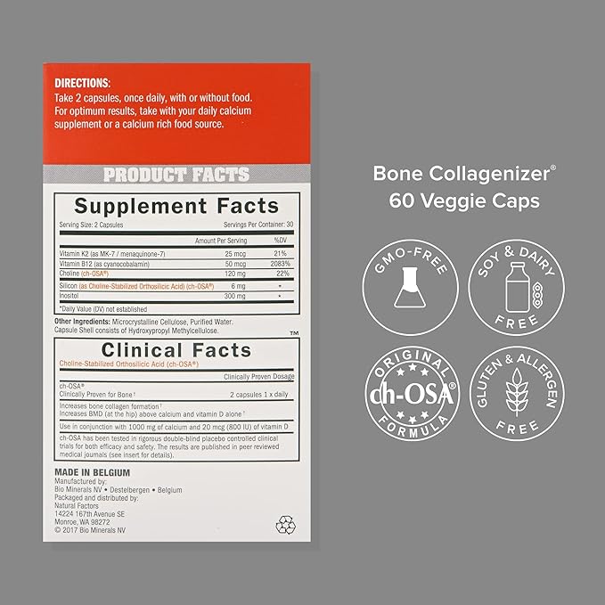 Biosil Bone Collagenizer Ultra - 60 Veggie Capsules - with Patented ch-OSA Complex + Choline, Inositol, MK7 & Vitamin B12 - GMO Free - 30-Day Supply