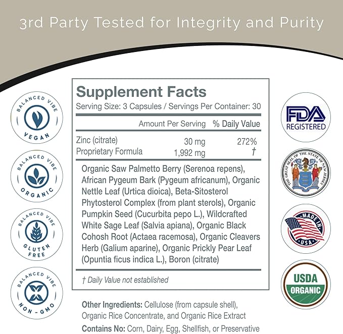 Balanced Vibe 11-in-1 Prostate Support Supplement for Men’s Health | Organic Prostate Formula | Less Bathroom Trips, Better Sleep | Pygeum and Saw Palmetto Prostate Complex w Beta-Sitosterol(90ct)