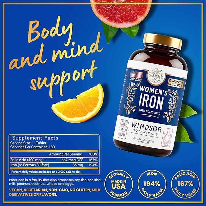 Iron Supplement for Women with Folic Acid - 35mg Gentle Iron, 667mcg Folate Vitamin B9 - Anemia, Period, Pregnancy Support Prenatal Iron Supplements Ferrous Sulfate Pills - 180 Vegan Iron Tablets