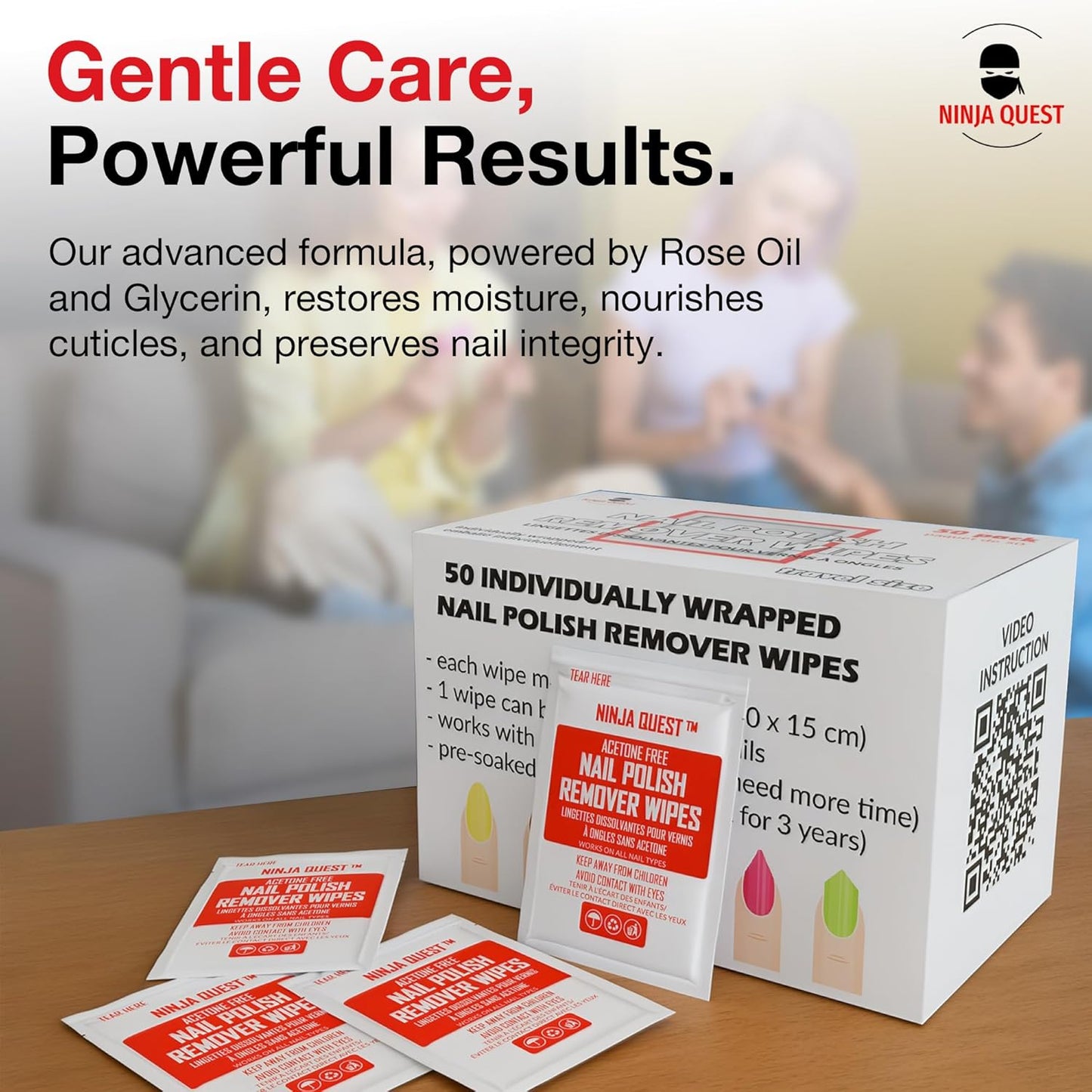 Nail Polish Remover Pads - 100% Non-Acetone - 50 Pack Bulk Set - Individually Wrapped - Quick Nail Polish Remover Wipes - Fingernail Travel Kit to Clear Nail Polish for Home & Professional Removal