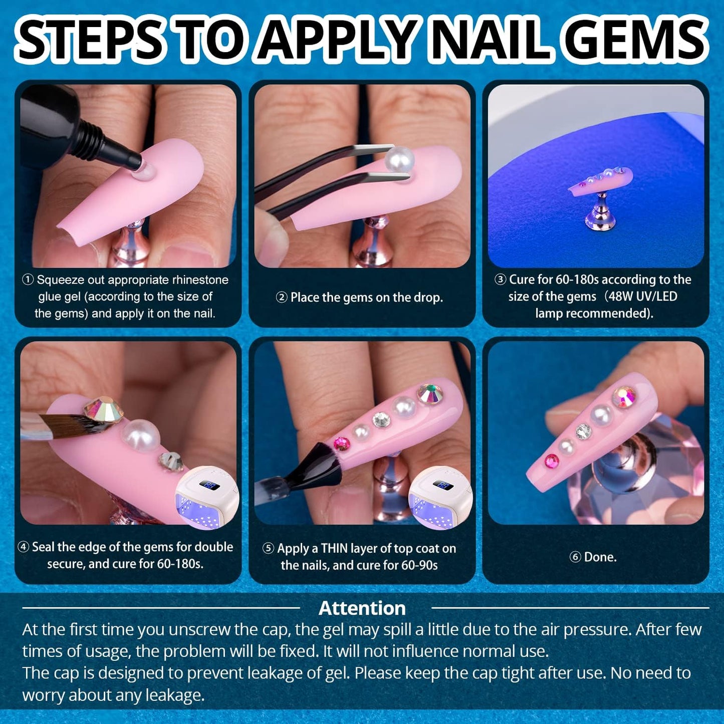 Nail Art Rhinestone Glue Gel&Flatback Gems Accessories Kit, 1 Tube of 15ml Rhinestone Gel Glue(UV/LED Needed)+1 Box of Flat-Back Half Round White Pearls with Pickup Pencil and Tweezer