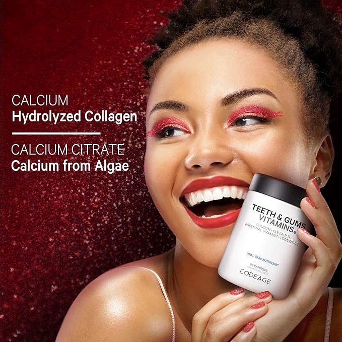 Codeage Teeth & Gums Vitamins + Oral Probiotics Supplement for Mouth - Whole Food Calcium, Collagen, Potassium, Vitamin C, D3, K2, Zinc – Oral Care & Dental Multivitamin Supplements - 90 Capsules