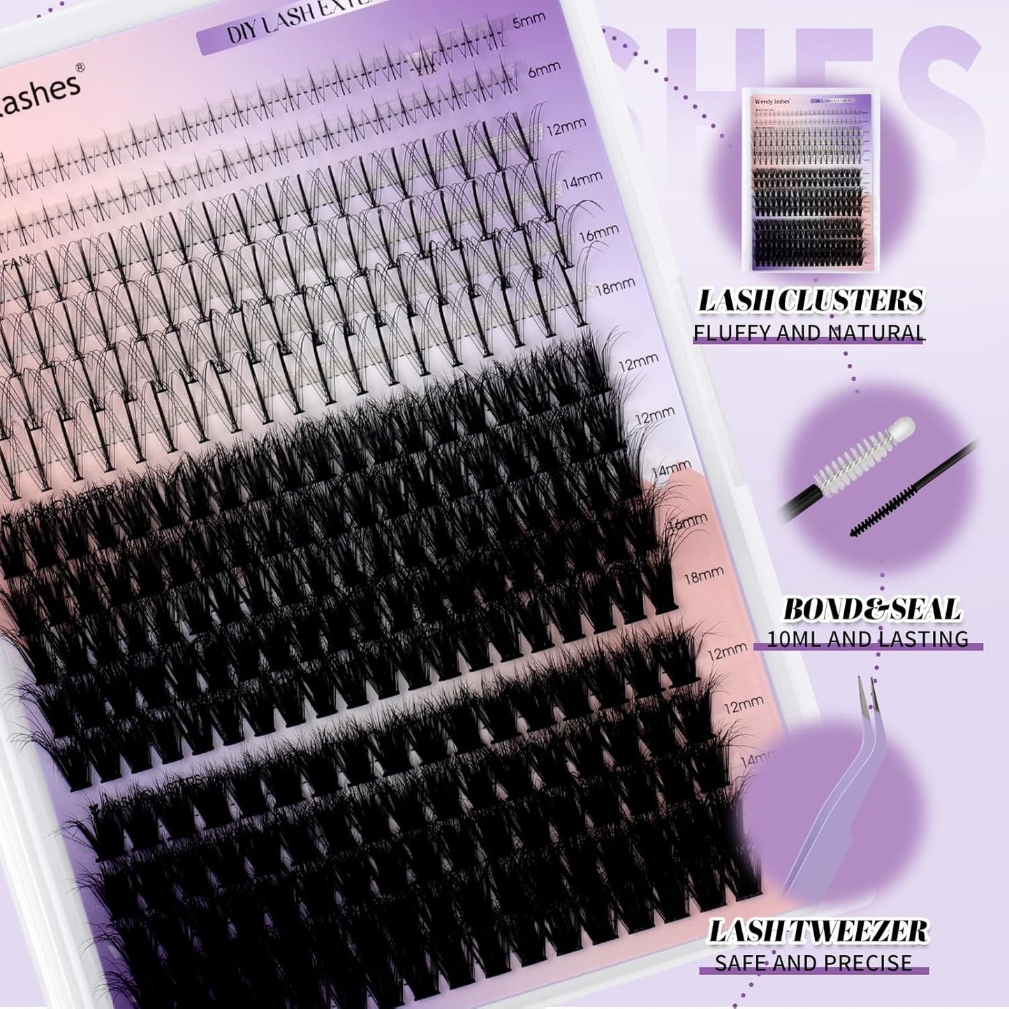 Lash Clusters Kit With Bottom Lashes 3D Curl 60/80/100/200D DIY Lash Extension Kit 12-18mm Multi-types Individual Lashes Bond and Seal, Spike, Volume Lashes Kit Lash Applicator(60/80 3DKit)