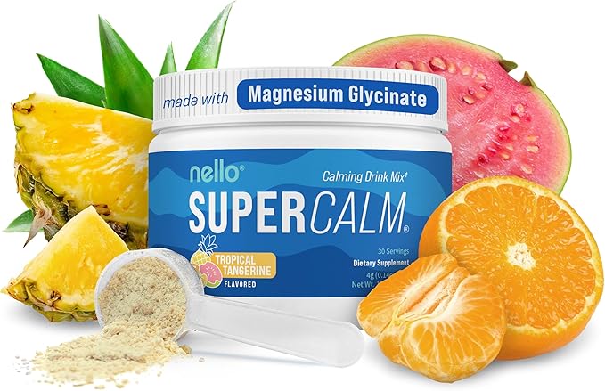 Nello Supercalm Powdered Drink Mix, Tropical Tangerine, L Theanine, Ksm-66 Ashwagandha, Magnesium Glycinate, Vitamin D 3, Supplements for Relaxation & Focus, Natural, No Sugar, Non GMO, Vegan, 30 Srvg
