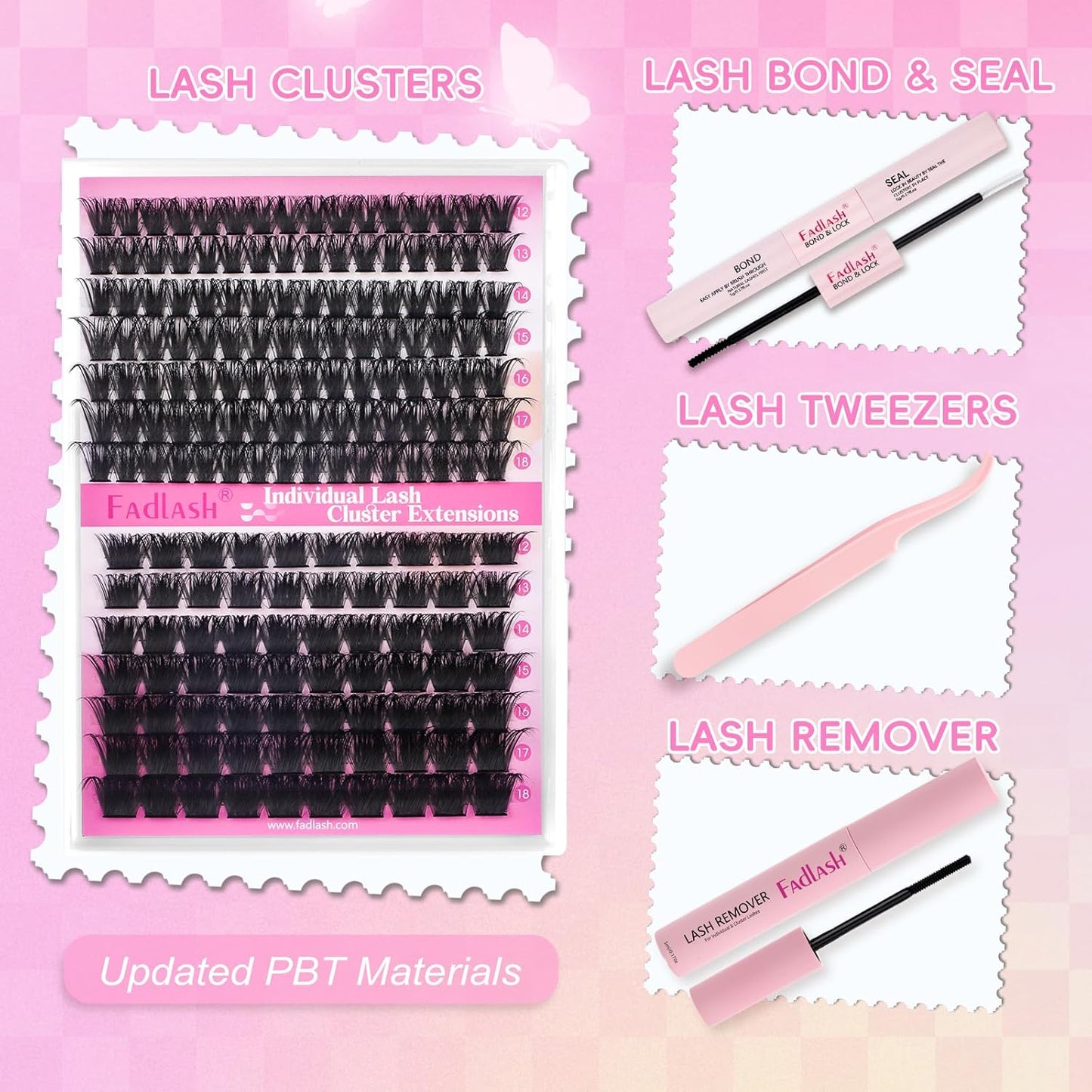 FADLASH DIY Lash Extension Kit - Lash Clusters with D Curl, Bond & Seal - Glue Remover & Tweezers for Home Use (100D+200D-0.07D-12-18MIX)