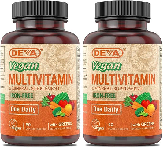 DEVA Vegan Multivitamin and Mineral Supplement - One Daily Vitamin Formula with Greens - Iron Free - 90 Coated Tablets (Pack of 2)