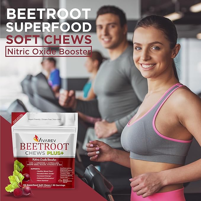 Beetroot Nitric Oxide Supplement - 1000mg Beet Powder with L Arginine, L Citrulline, Grape Seed Extract, Niacin, Vitamin C & B12 - Beet Chews - Pack of 60