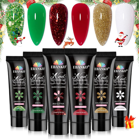 Poly Nail Extension Gel Kit -EBANKU Christmas 6 Colors Poly Nail Gel White Green Red Glitter Golden Classic Colors Christmas Builder Nail Gel Manicure Gift for Nail Art Decoration DIY at Home