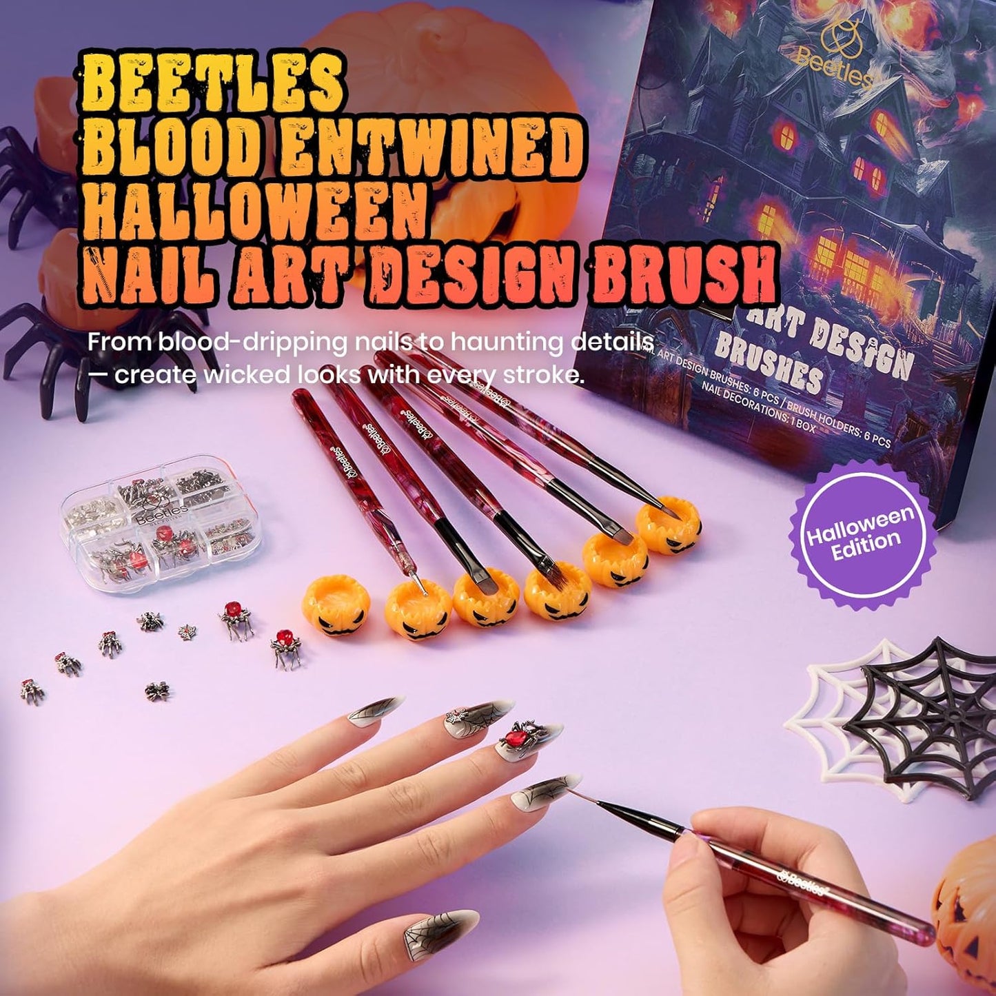Beetles Halloween Nail Art Brushes, Blood Entwined Nail Art Pens 6pcs with Pumpkin Palette Holder Halloween Charms Manicure Design Dotting Tools Draw Liner Gradient French Brushes DIY Nails Supplies
