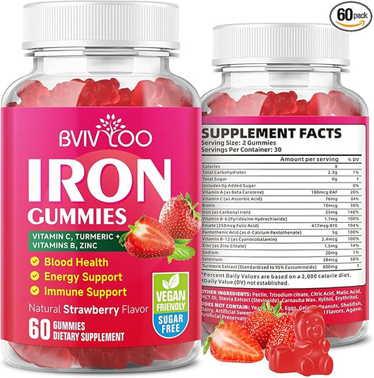 Vegan Iron Gummies for Adults & Kids - with Vitamin C, A, B-Complex, Folate, Zinc, and Biotin - for Blood Building & Energy Support, 60 Gummies