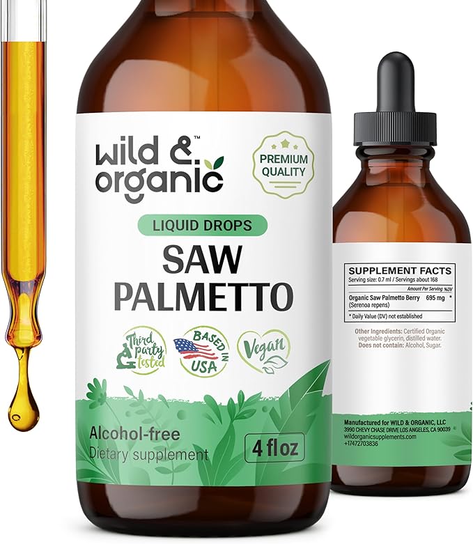 Wild & Organic Saw Palmetto Tincture - Saw Palmetto Liquid Extract Supplement for Men & Women - Saw Palmetto Powder Based Drops - Vegan, Alcohol Free - 4 fl oz