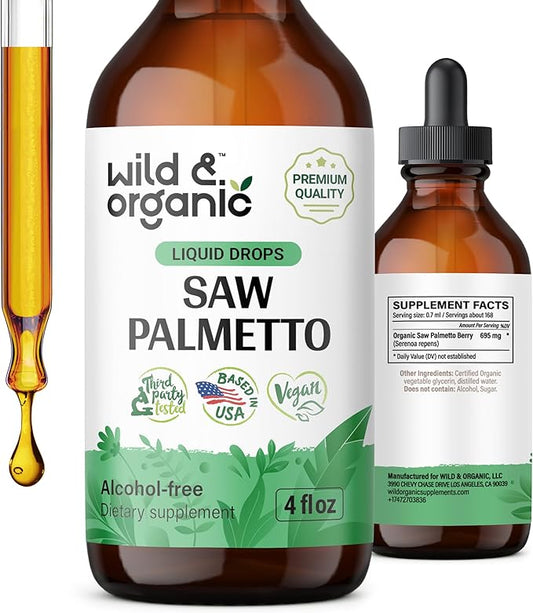 Wild & Organic Saw Palmetto Tincture - Saw Palmetto Liquid Extract Supplement for Men & Women - Saw Palmetto Powder Based Drops - Vegan, Alcohol Free - 4 fl oz